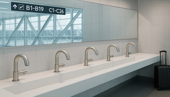 Airport restroom with touchless faucets and coordinated fixtures